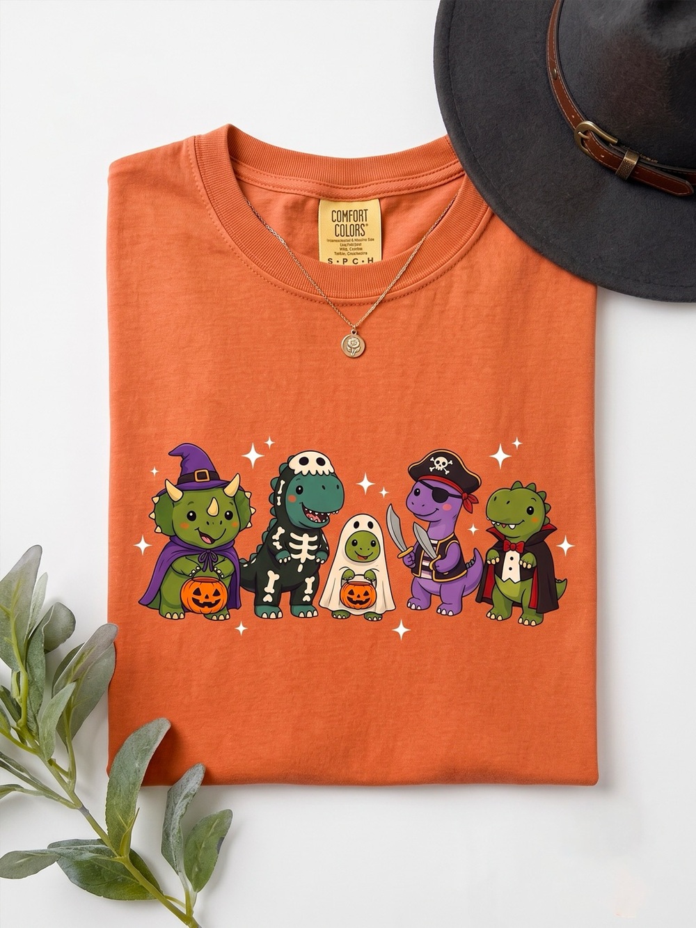 Spooky Cute Dinosaur Halloween Orange Comfort Colors Fall T-Shirt